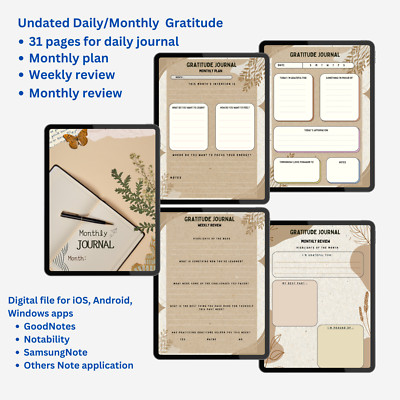 Undated Digital ''MONTHLY GRATITUDE JOURNAL'' Grateful GoodNotes iPad Printable
