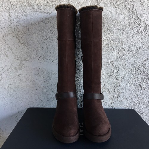 Pre-owned Ugg Classic Berge Tall Dark Toast Suede Shearling Knee High Boots Size 9 Women