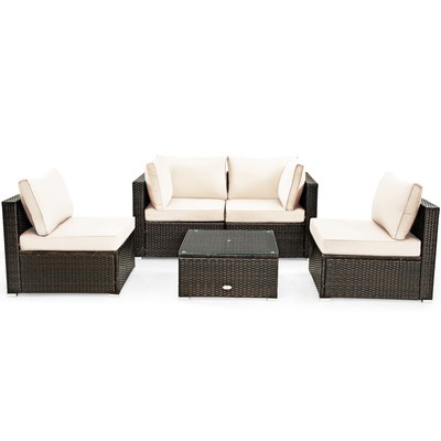 5PCS Rattan Patio Conversation Set Sofa Furniture Set w/ White Cushions