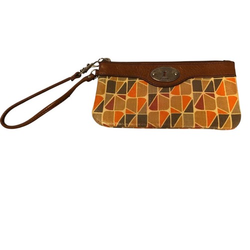 Fossil Wristlet Pouch Geometric Print Leather Trim Zip Top Clutch