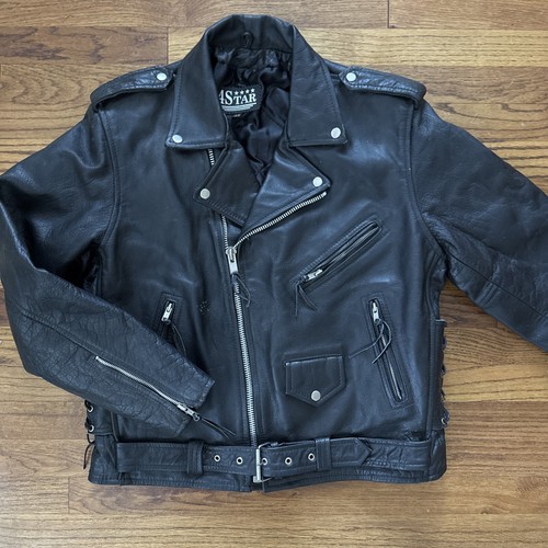 Vintage 4 Star Black Leather Belted Biker Jacket Motorcycle Vintage 4 Star Black Leather Belted Biker Jacket Motorcycle