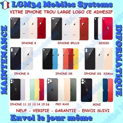 Vitre Arriere iPhone X XR XS 11 12 13 14 15 16 Pro Max Plus Mini Logo CE Adhesif