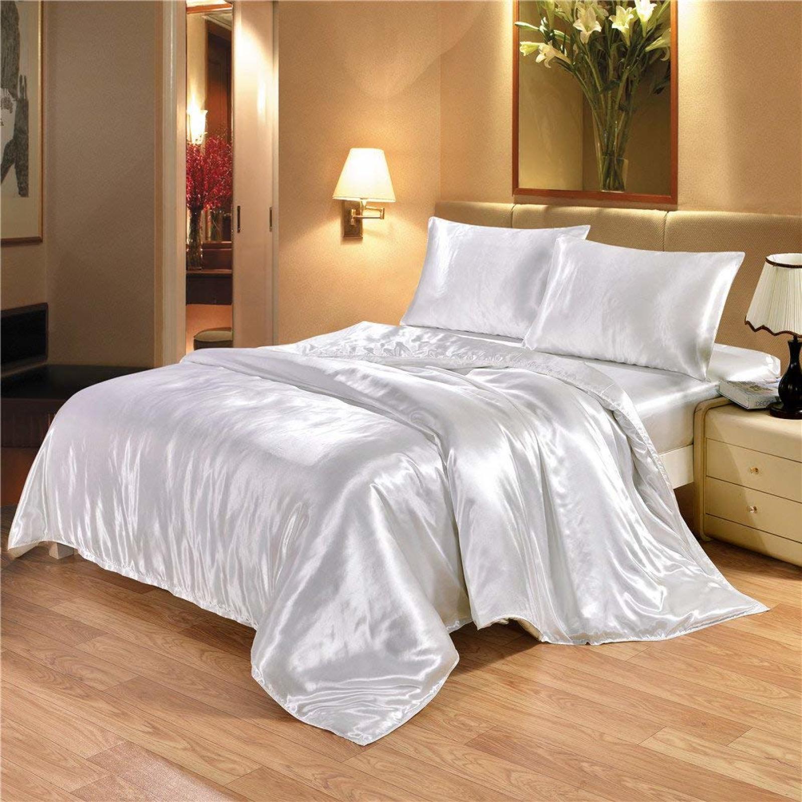 Details About Luxury Classic Silky Satin Duvet Cover Set With 2 Envelope Pillowcases White New