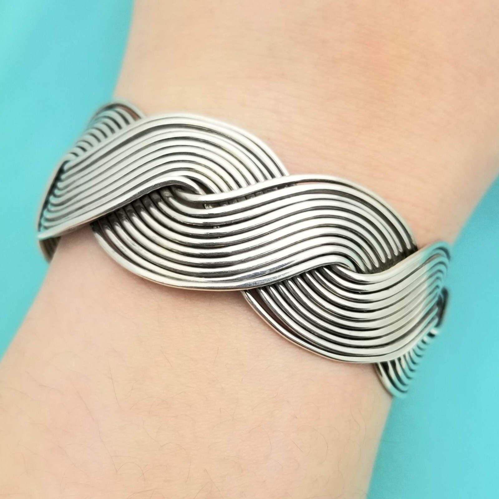 Sterling Silver Braided Wave Cuff Bracelet-925-Heavy-1