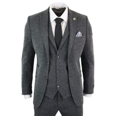 Pre-owned Truclothing Mens Grey Black 3 Piece Tweed Suit Herringbone Wool Vintage Retro In Charcoal