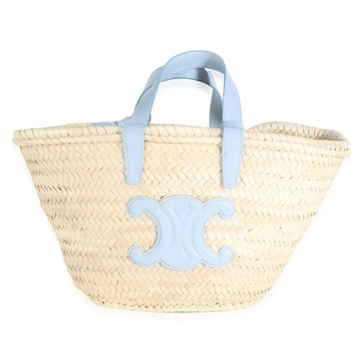 Celine Blue Beige Raffia Teen Triomphe Panier Basket Bag