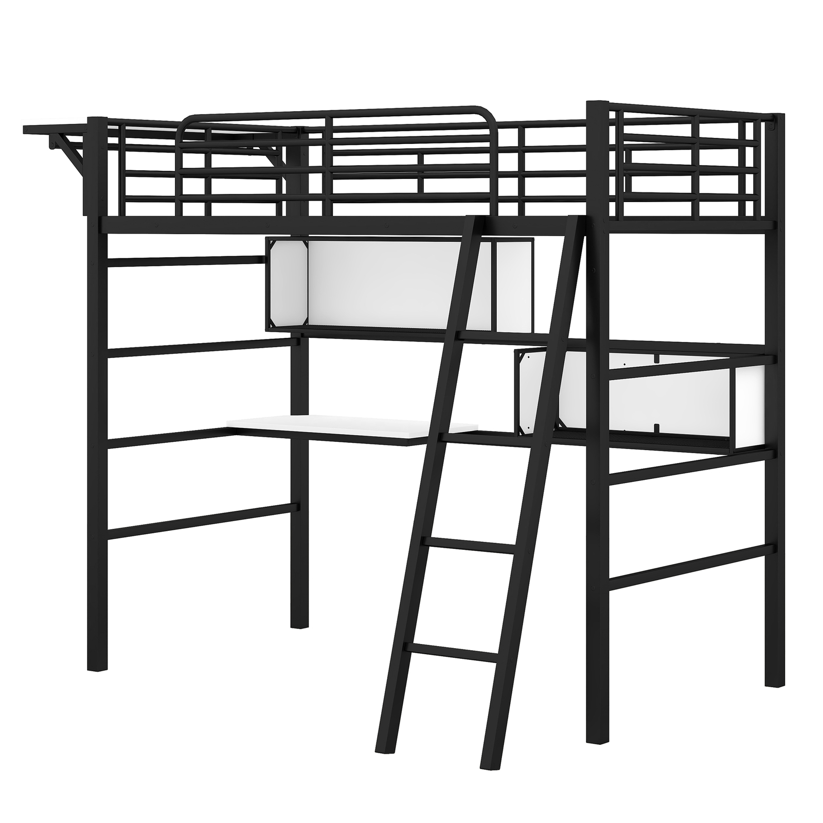 Twin Size Metal Loft Bed Frame with 2 Shelves/Desk/Hanging Clothes Rack Black US