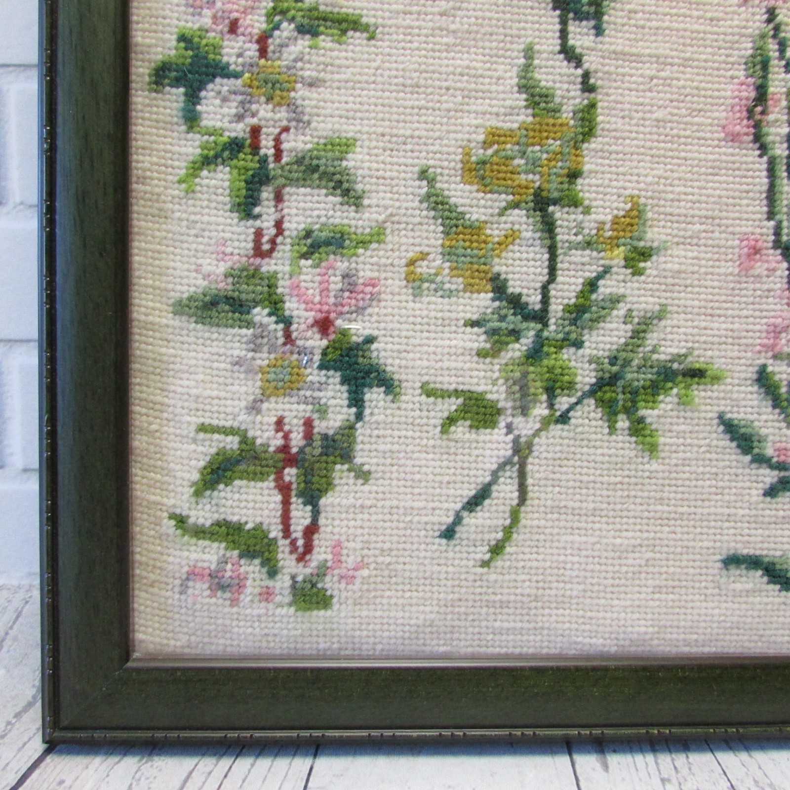 Finished Needlepoint Spring Flowers Green Frame Glass Floral Wall Hanging