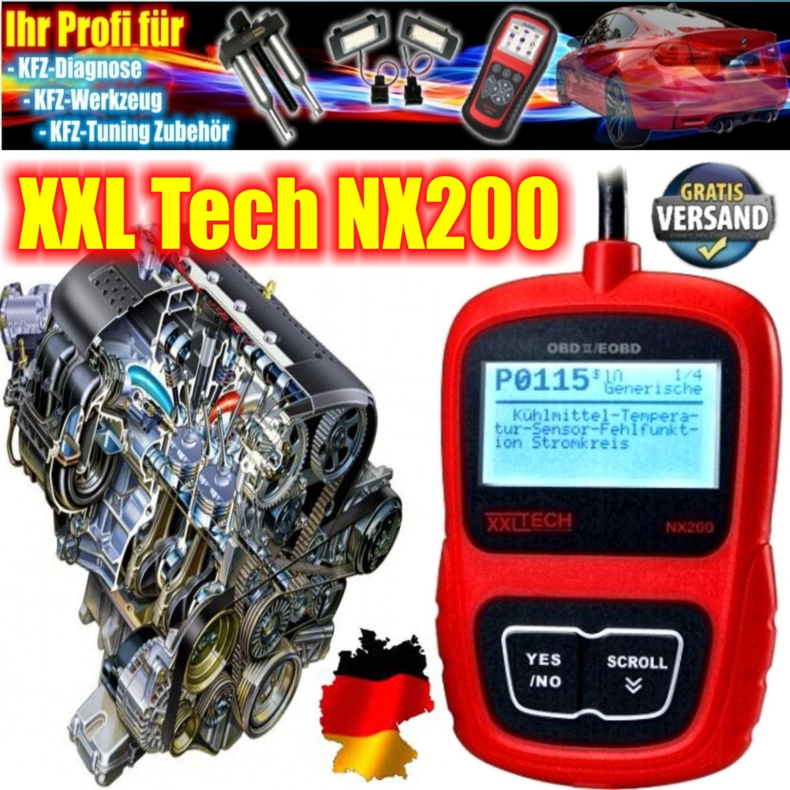 NX200 XXL-Tech OBD Diagnose Scanner komplett in deutsch fast alle KFZ MOTOR +++