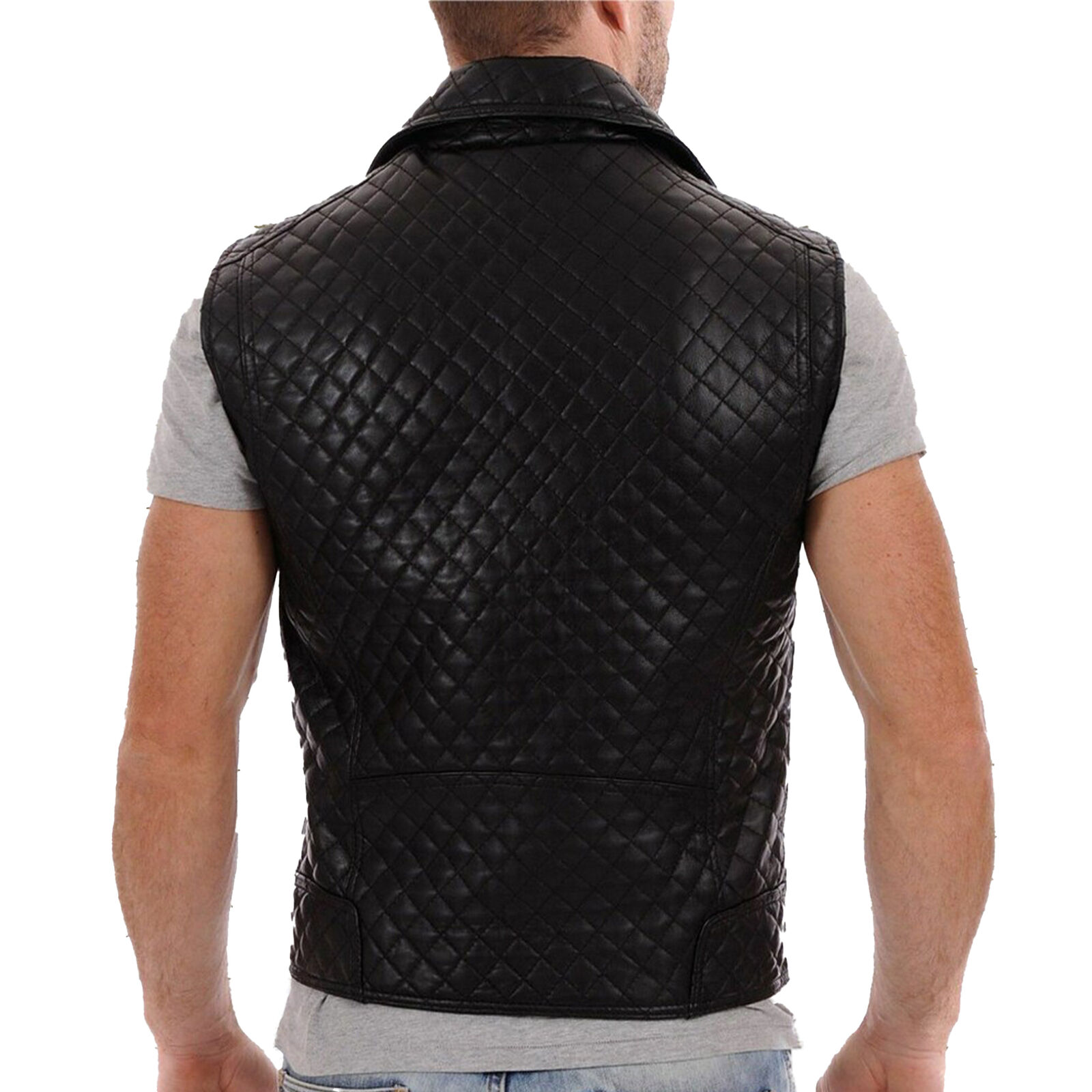 Mens Black Genuine Leather Motorcycle Vest/Slim Fit Sleeveless Jacket/Biker Vest - Picture 2 of 3