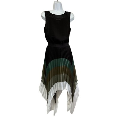 Sisley Color Block Pleated Asymmetrical Midi Dress Black US Size 8 Lined