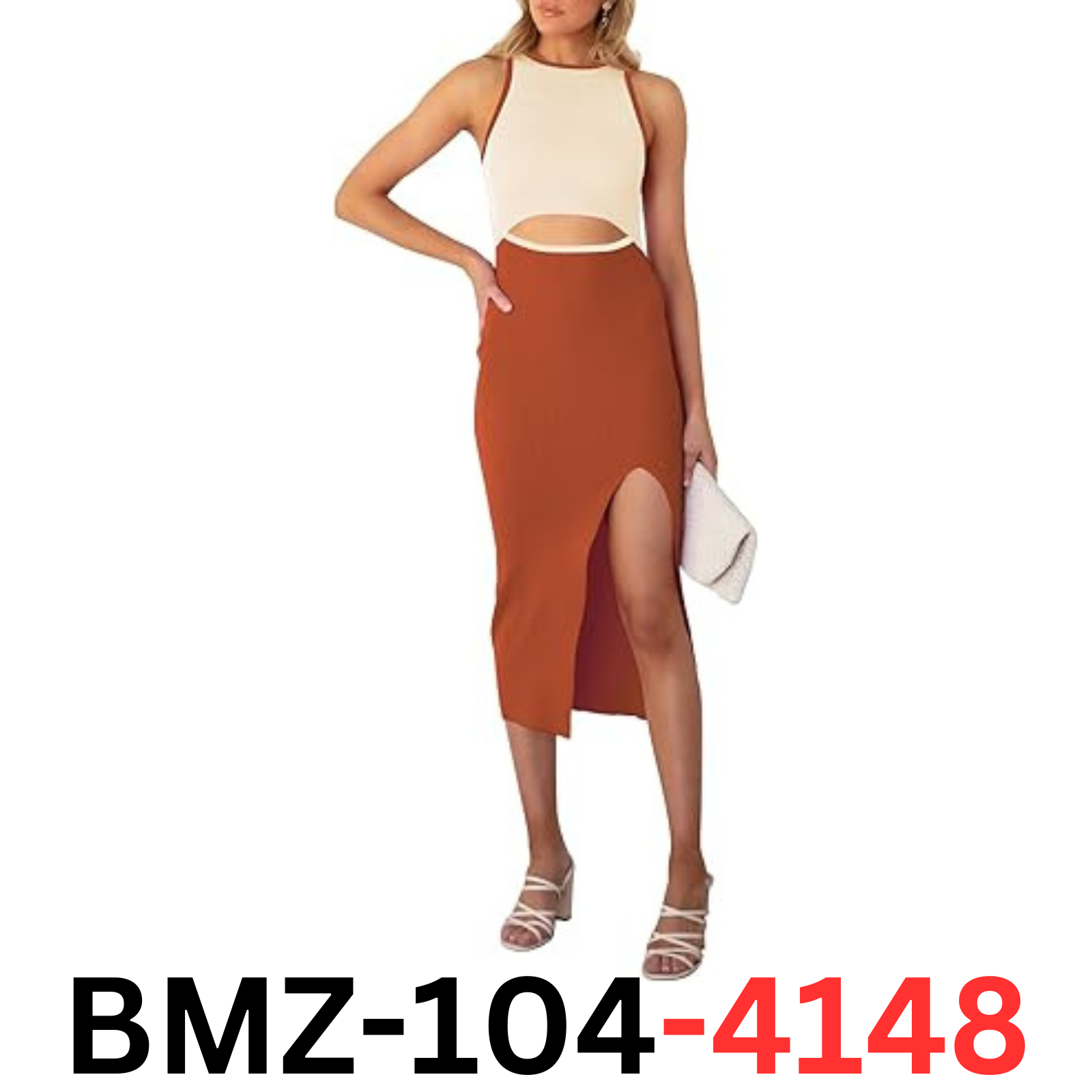 Pink Queen Women Cutout CrewNeck Sleeveless Tank Slit Bodycon Midi Dress Brown L