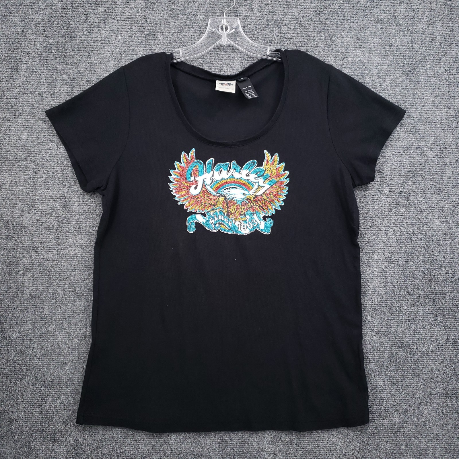 Harley Davidson Shirt Women 1W Black Glitter  Eagle Graphic Tee Motorcycle Biker