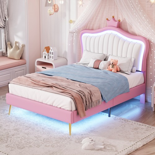 Princess Bed for Girls Bedroom PU Upholstered Bed w/Crown Headboard & LED Lights