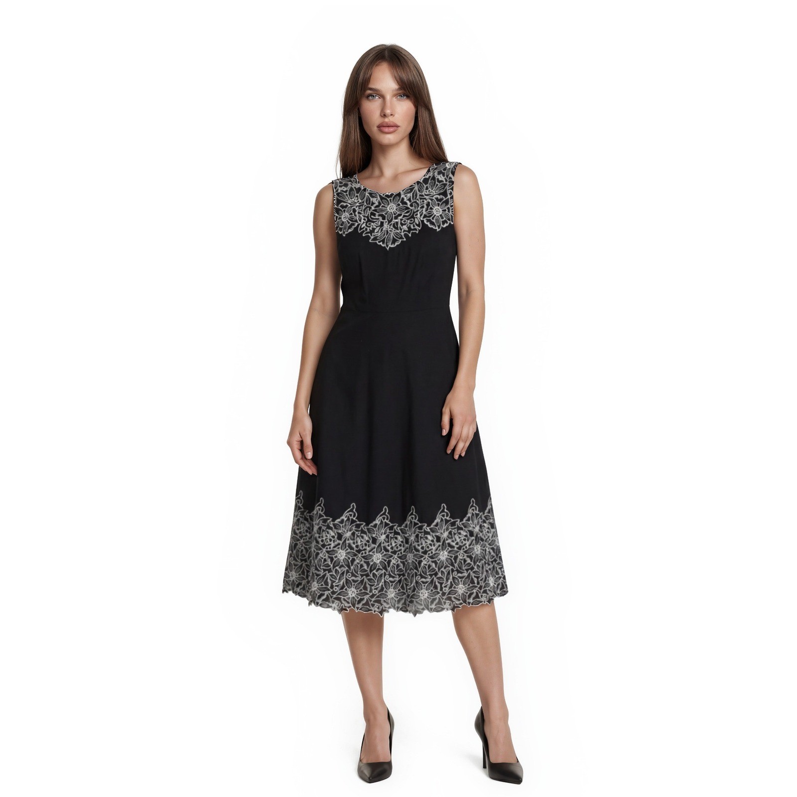 Talbots Fit Flare Dress Women's Size 6P Petite Black White Floral Embroidered