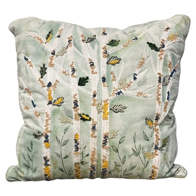 PIER ONE IMPORTS GREEN 16 X 16 PILLOW PAINTED EMBROIDERED TREES LEAVES EUC