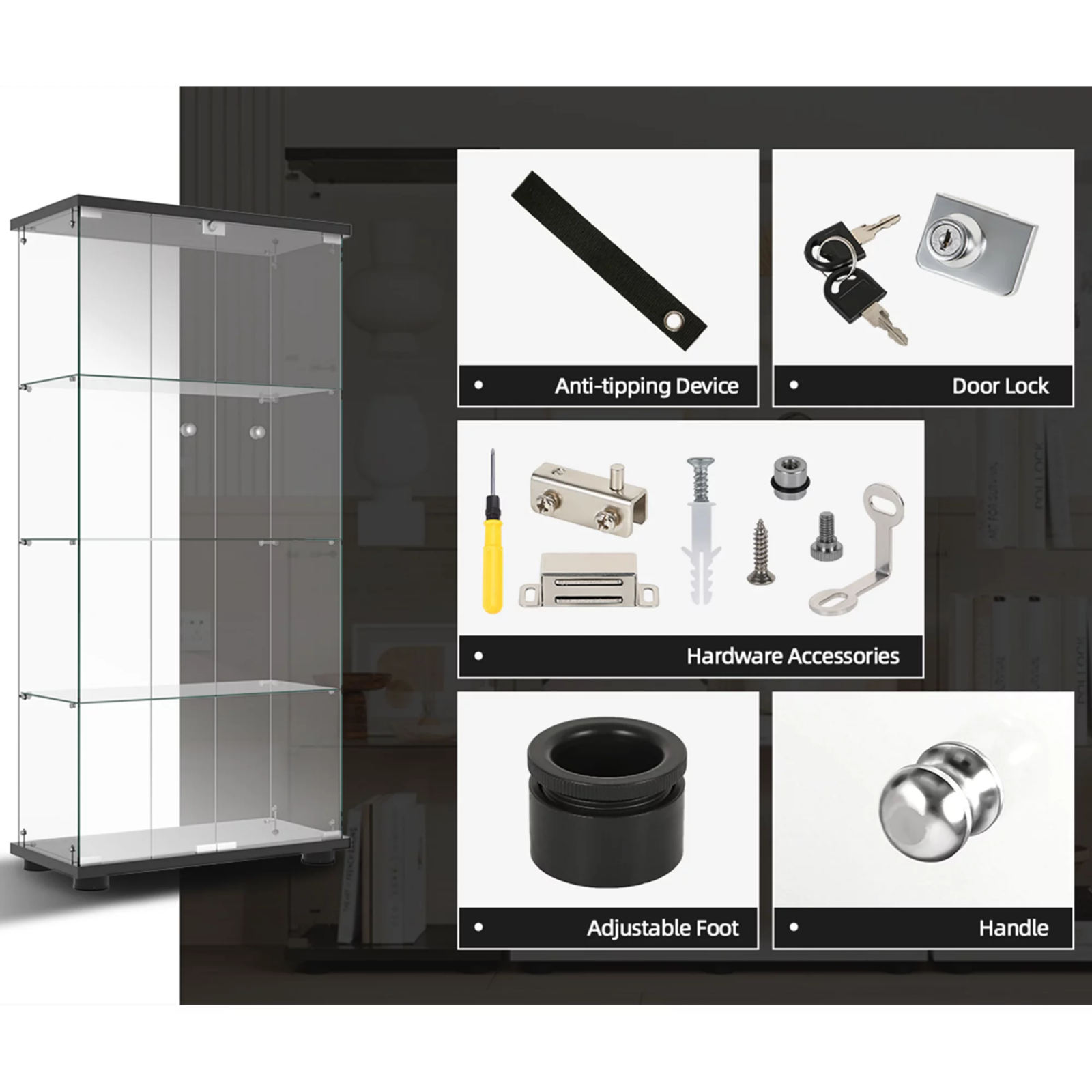 Glass Display Cabinet Curio Cabinets vintage Display Trophy antique Case 4-Shelf