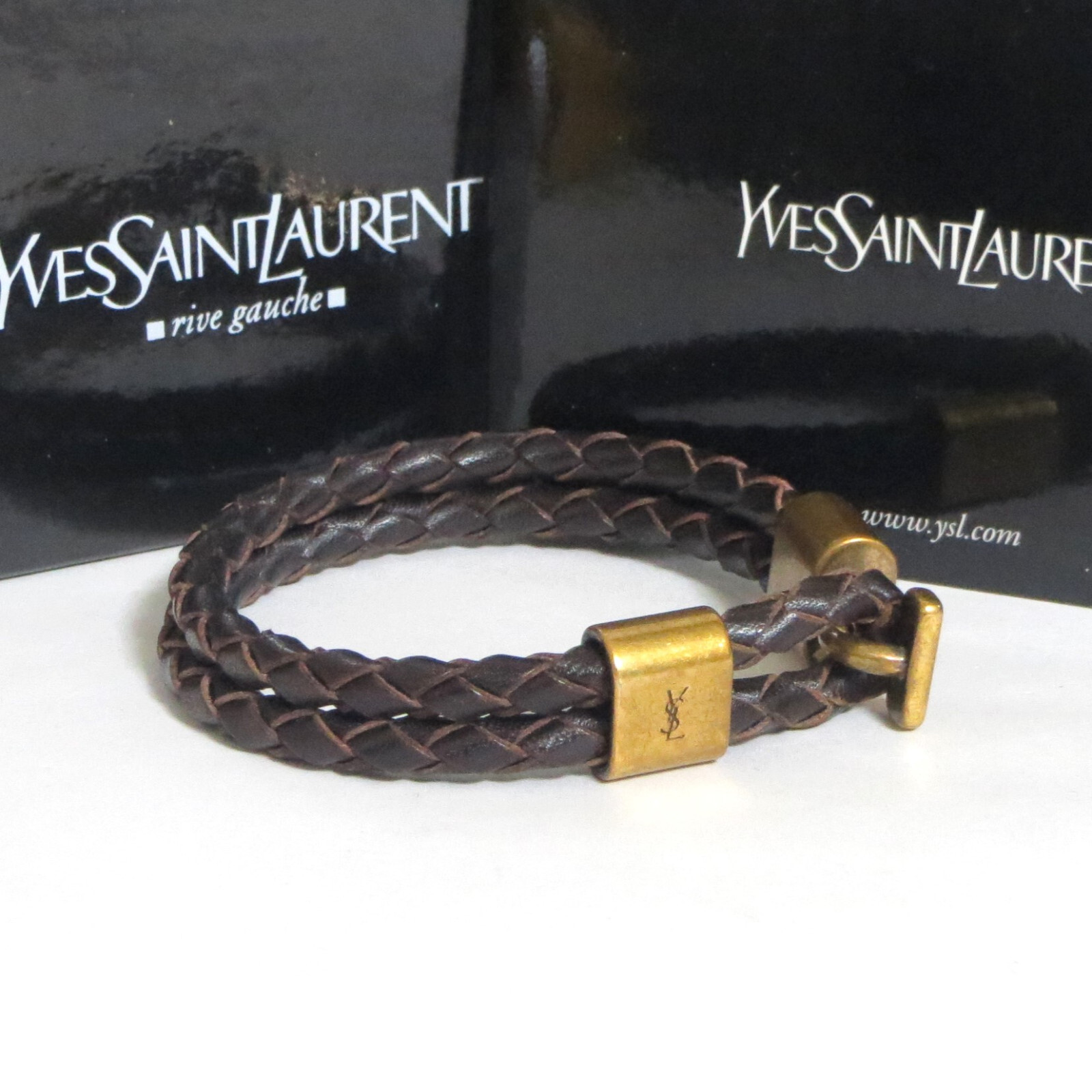 Auth Yves Saint Laurent YSL Logo Brown Woven Leather Double