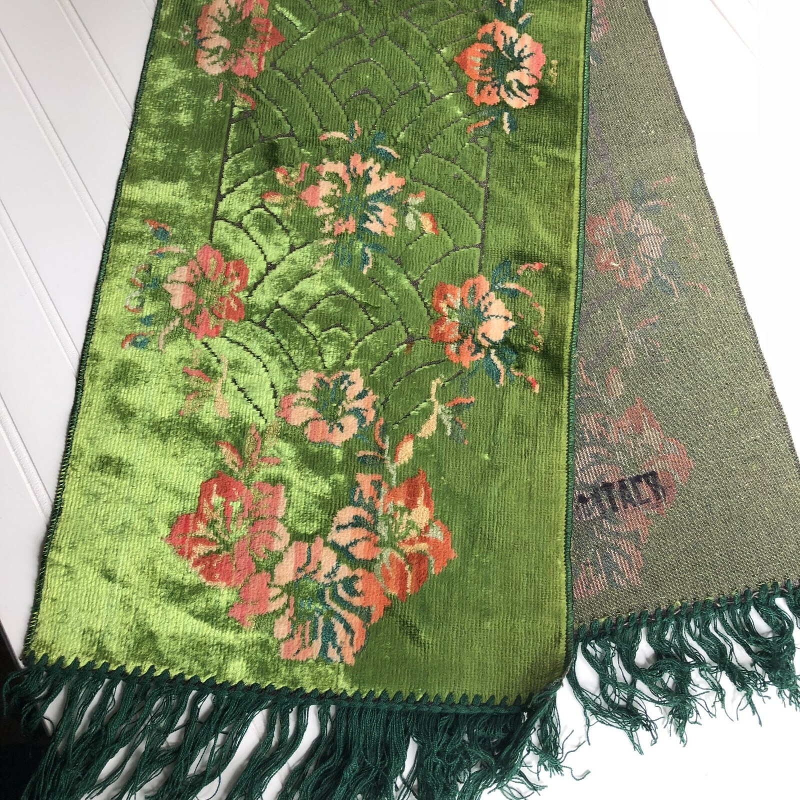 Velvet Made in Italy Fringed Table Runner Piano Scarf Shiny Green Pink Flowers