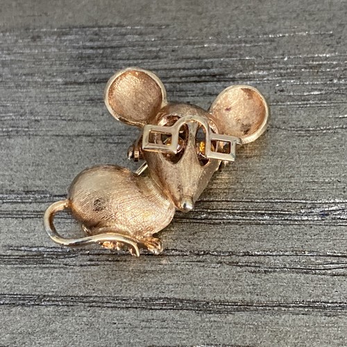 Circa 1950s Mouse Brooch with Green Glass Eyes in Sterling