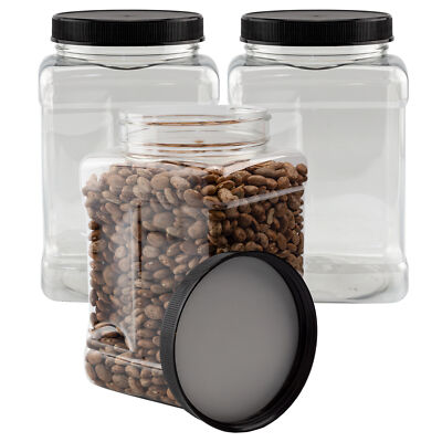 48oz Square Clear Plastic Jars 3pk, 6 Cup 1.5 QT Capacity Food Storage Canisters
