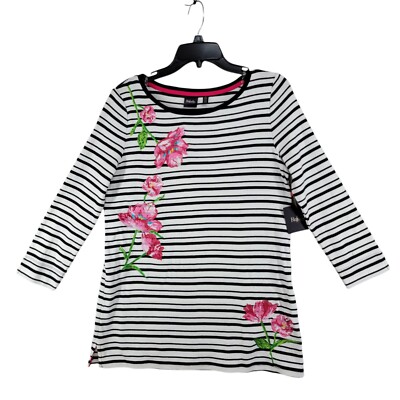 Rafaella Womens 3/4 Sleeve Floral Embroidered Striped Pullover Shirt Top Size S