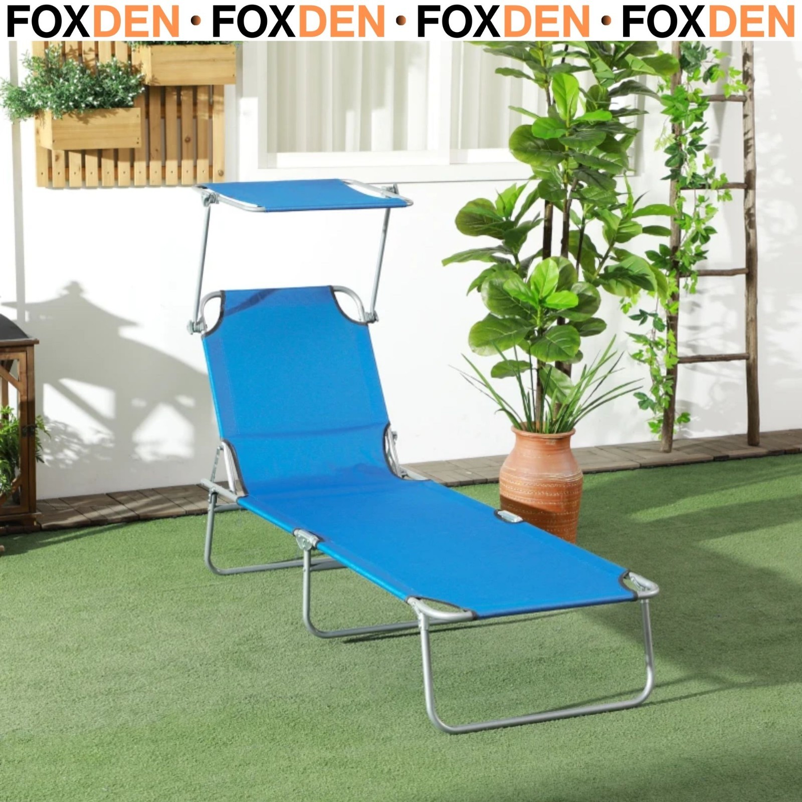 Sun Lounger, with Adjustable Face Canopy - Bright Blue 187L x 58W x 36H cm