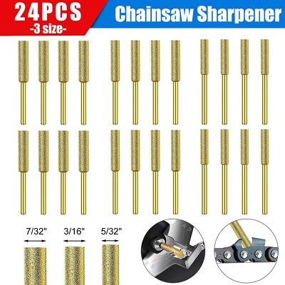 24PCS 5/32" 7/32" Diamond Chainsaw Sharpener Burr Grinding Stone File 1/8" Shank