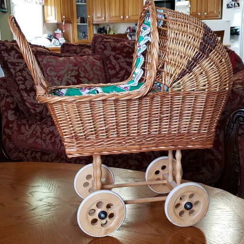 Vintage Wicker and Wood Baby Doll Carriage Stroller Wooden Rubber Wheels Basket