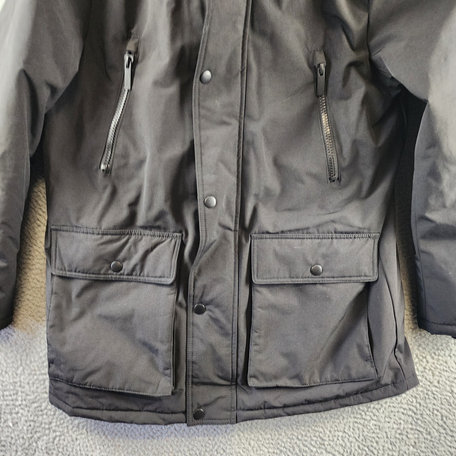 Club Room Parka with a Faux Fur-Hood Jacket Men's M Black Long Sleeve Zip/Snap - Picture 3 of 17