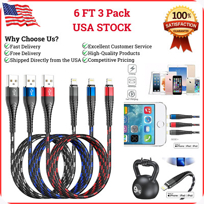 iPhone Charger Cable Braided Nylon Lightning MFi Certified USB 3Pack 6ft 5-6-7..