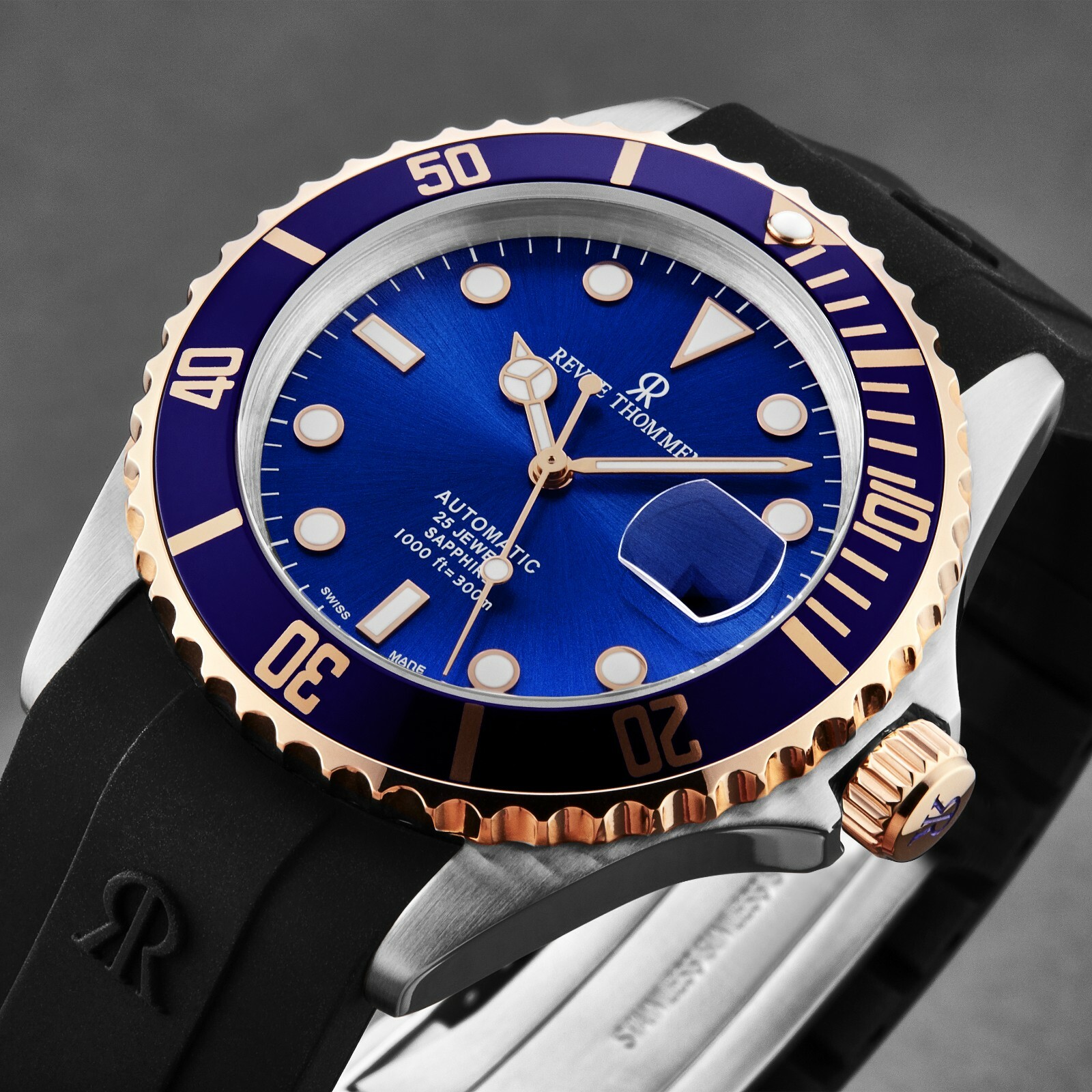 Pre-owned Revue Thommen 's Men's Diver Blue Dial Rubber Strap Automatic Watch 17571.2855