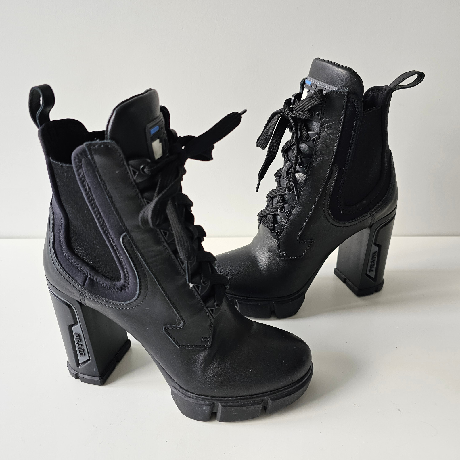 Prada Black Leather Neoprene Moto Combat Platform Ankle Prada Black Leather Neoprene Moto Combat Platform Ankle