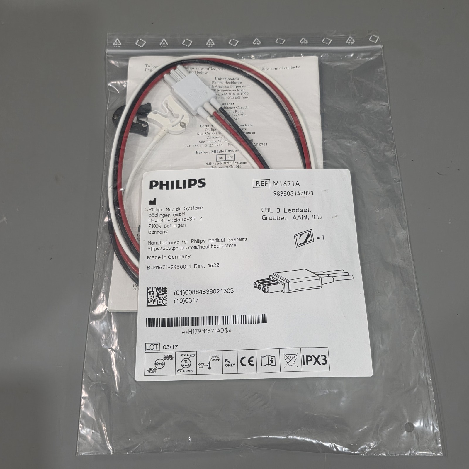 PHILIPS M1671A 989803145091 ECG 3-LEADWIRE PINCH/GRABBER ADULT CABLE