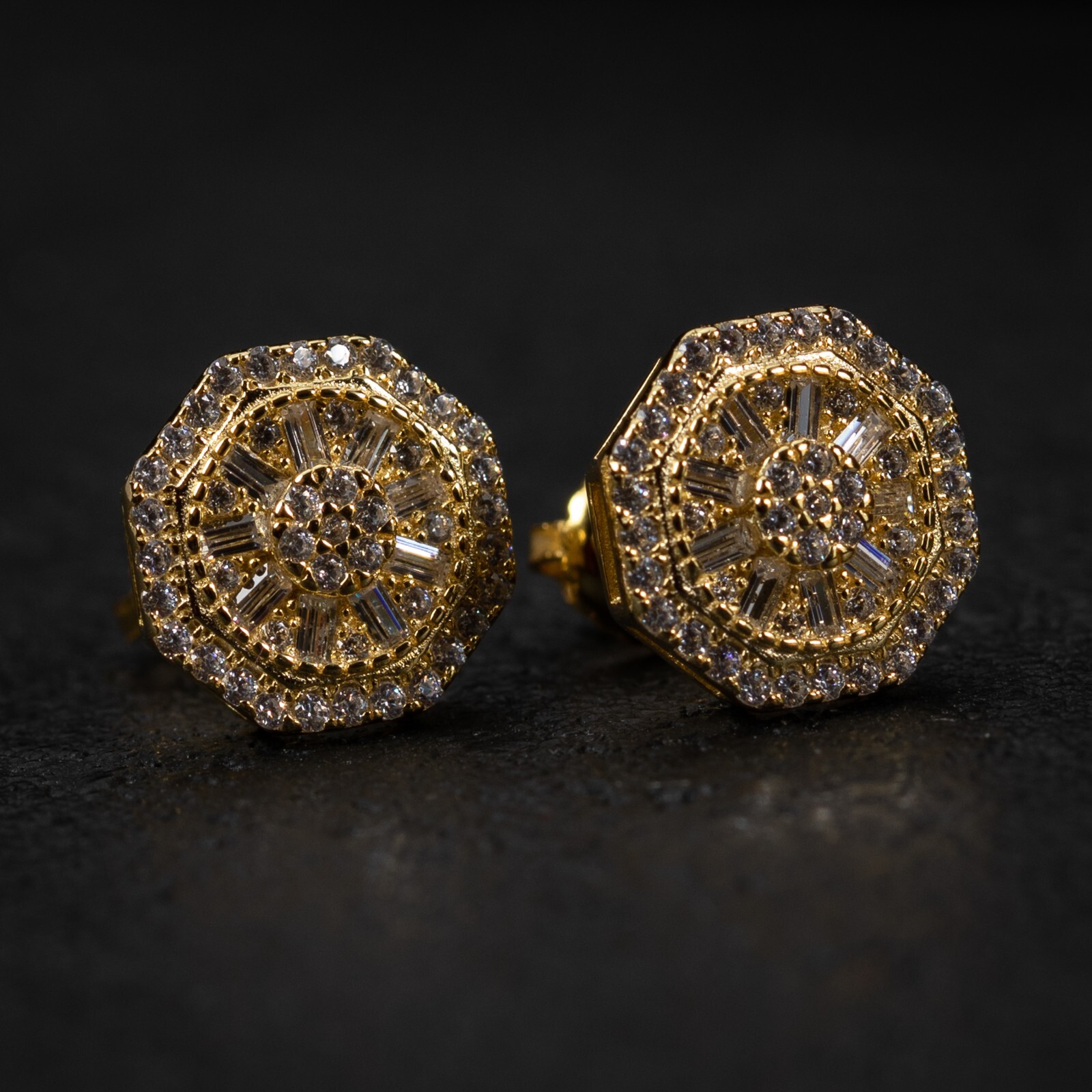 Men's Yellow Gold 925 Sterling Silver Iced Cz Octagon