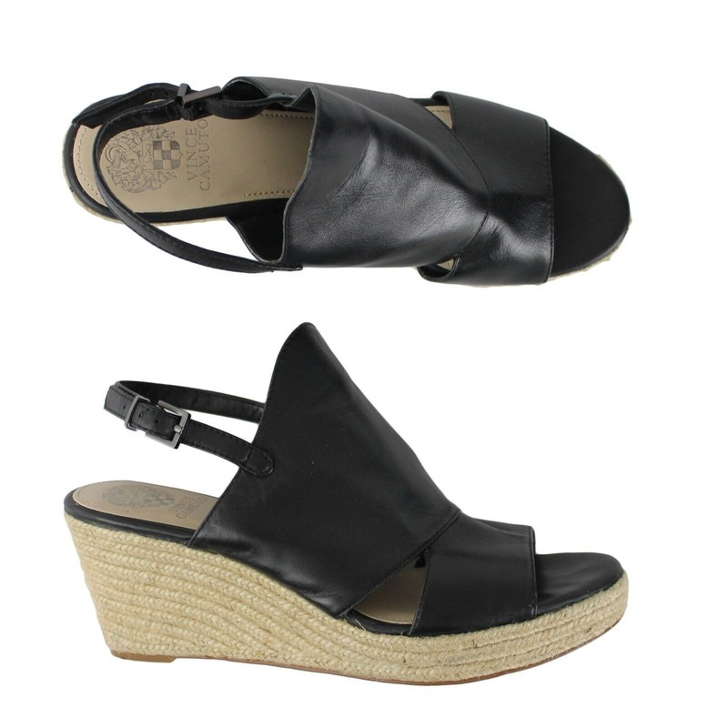 Womens black leather wedge sandals