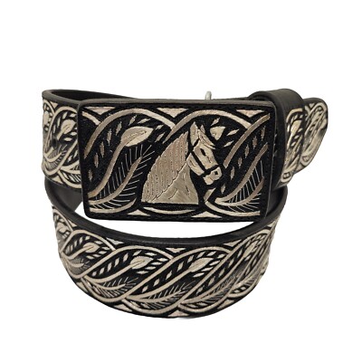 Cinto Hilo de Plata .925 De 2'' De Ancho - Cabeza De Caballo/Guia Talla#40 Negro