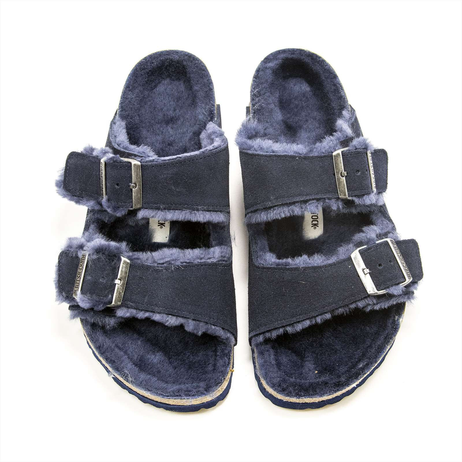 Birkenstock Arizona Shearling Navy Blue Fur Lined Slide Sandals - EU 42