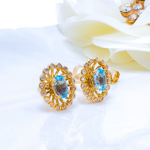 14k Yellow Gold Swiss Blue Topaz & Diamond Halo Oval Stud Earrings, New - Picture 8 of 11