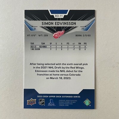 2023 Upper Deck Extended #BD-11 Simon Edvinsson RC Black Diamond Rookie Gems