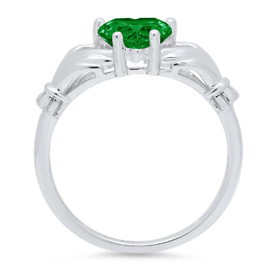 Pre-owned Pucci 1.55 Irish Celtic Claddagh Simulated Emerald Classic Ring Solid 14k White Gold