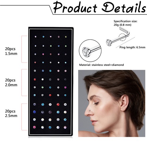60Pcs 20G L-Shaped CZ Nose Rings Bone Stud Stainless Steel Body Piercing Jewelry