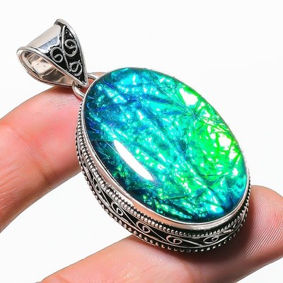 Ammolite 925 Sterling Silver Oval Gemstone Awesome Vintage Pendant 2.4" AAB 1433