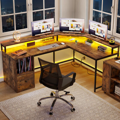 67" L Shaped Gaming Desk Home Office Computer Desk w/ File Drawer LED Lights