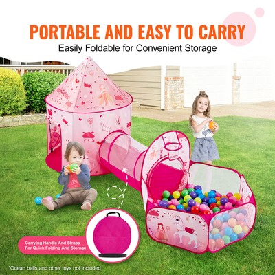 VEVOR Princess Girls Pop Up Castle Kids Play Tent Crawl Tunnel Set Playhouse Bag