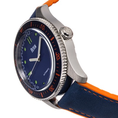 Pre-owned Reign Elijah Automatic Rubber Inlaid Leather-band Watch W/date - Blue/orange