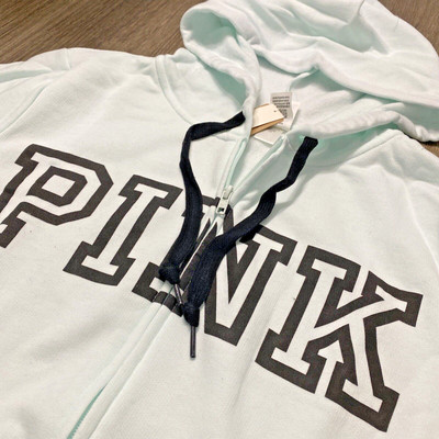 VS PINK Women's Large Hoodie Block Logo Full Zip Long Sleeve Comfort Light Blue
