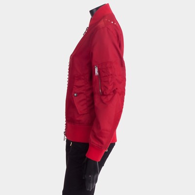 Pre-owned Valentino 3290$ Red Satin Bomber Jacket - Rockstuds, Zip Up, Sleeve Pocket