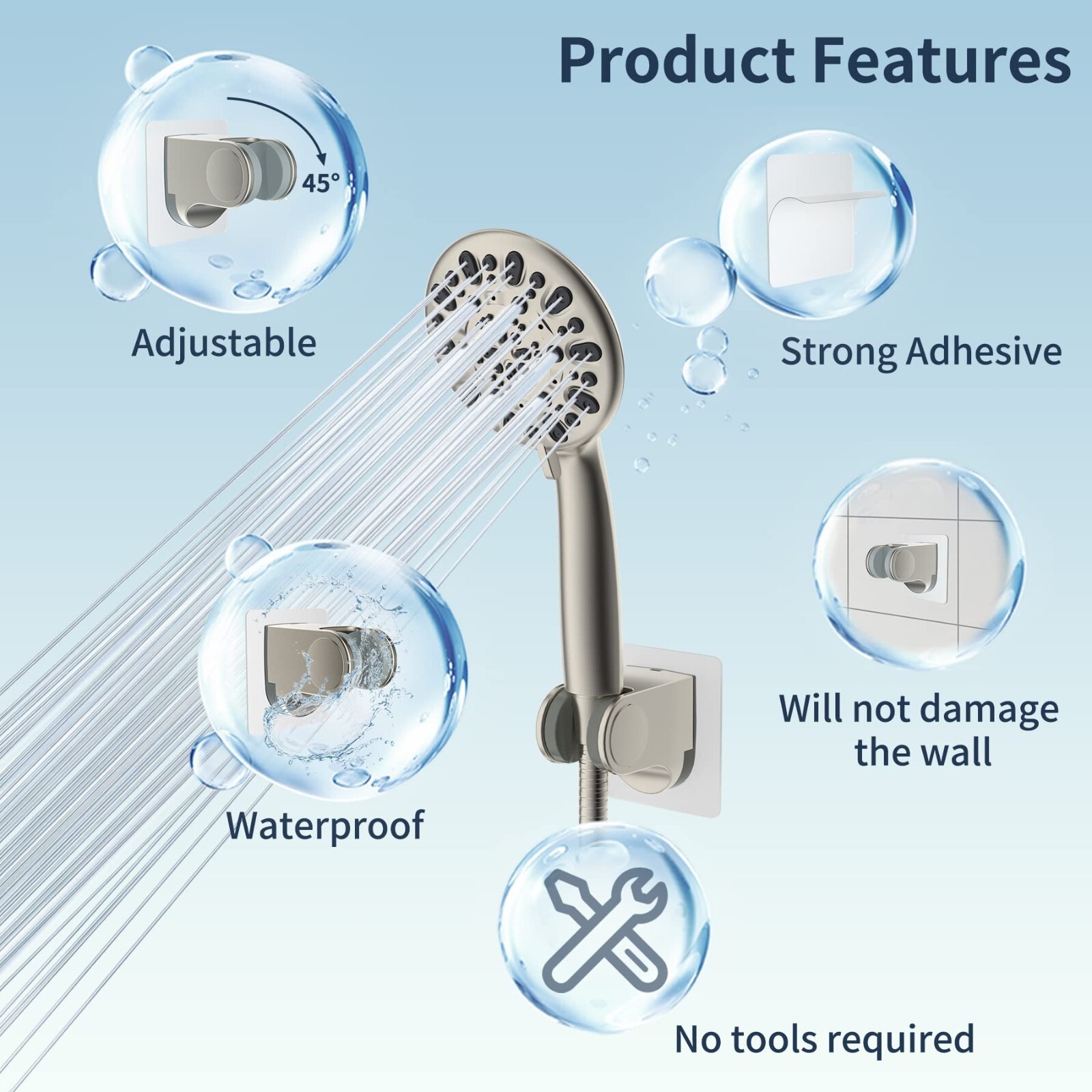 Wall Mount Strong Adhesive Shower Head Holder,Waterproof Handheld Shower Holder