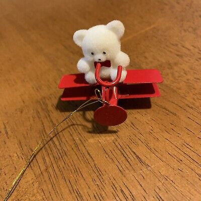 AVON COLLECTIBLE BEARS METAL Red Airplane White Bear Christmas Ornament
